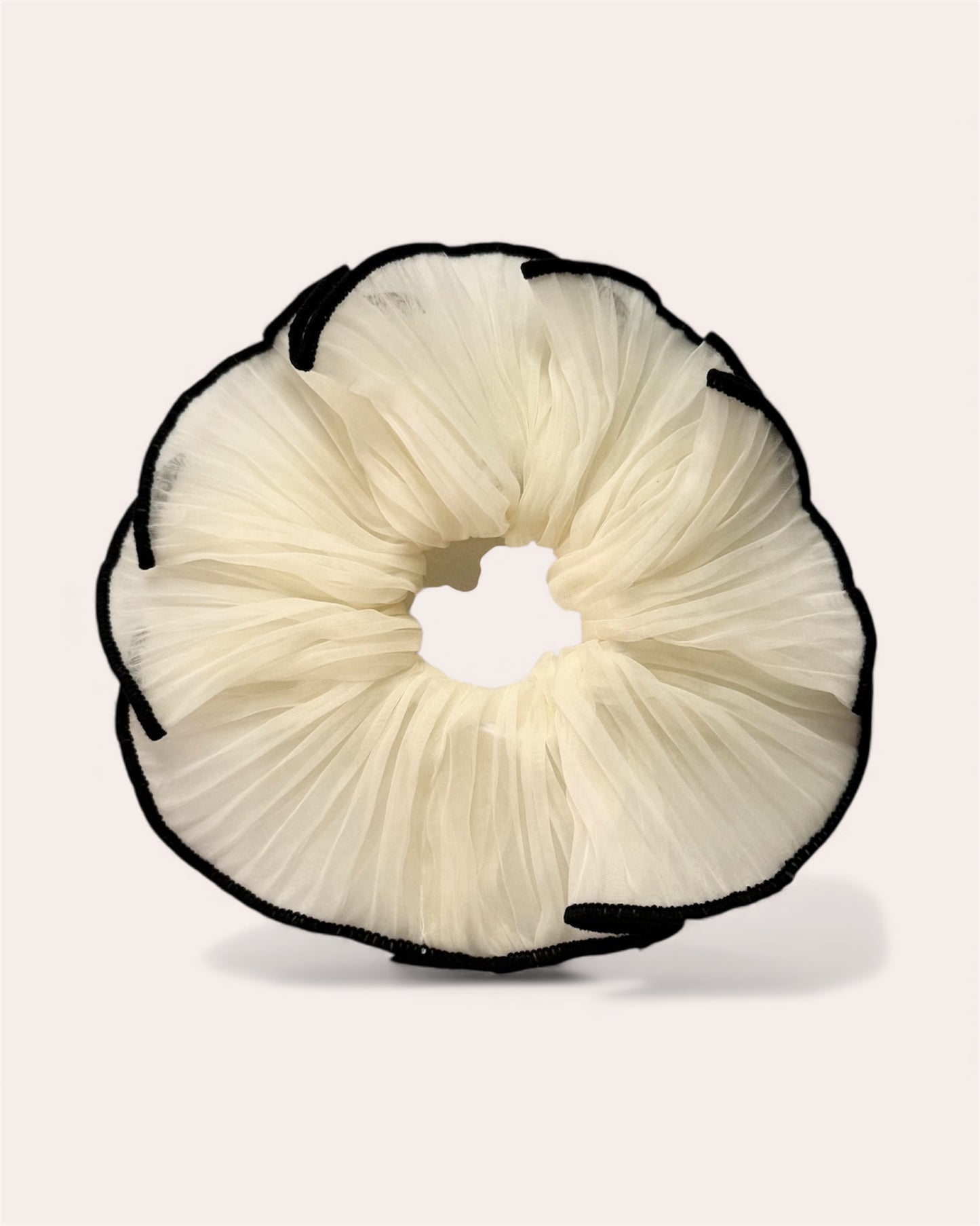 Florence Ivory Organza Ruffle Scrunchie with Black Trim – Oversized Monochrome Hair Tie