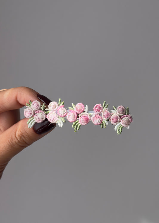 Amalia – Pink Blossom Embroidered Barrette | Cottagecore Floral Hair Clip