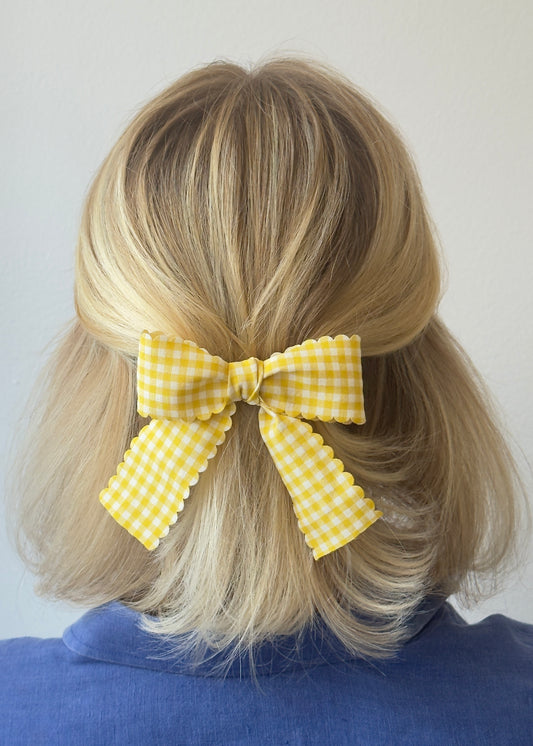 Giulietta Hair Bow Clip: Vanilla Dream Yellow Gingham with Scalloped Edges