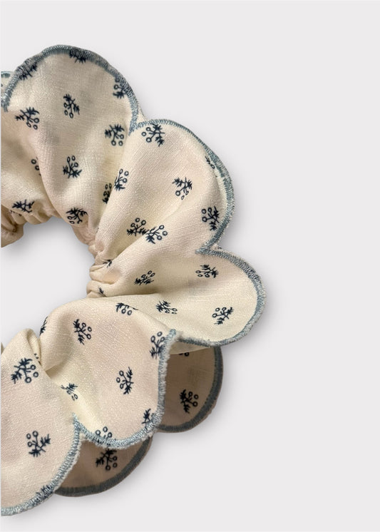 Close-up of petal edge showing blue trim and mini floral print.