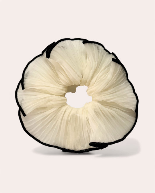 Florence Ivory Organza Ruffle Scrunchie with Black Trim – Oversized Monochrome Hair Tie