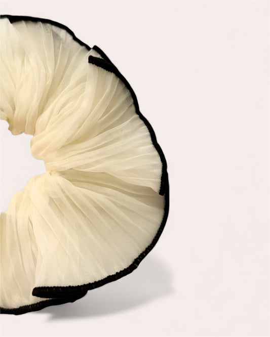 Florence Ivory Organza Ruffle Scrunchie with Black Trim – Oversized Monochrome Hair Tie
